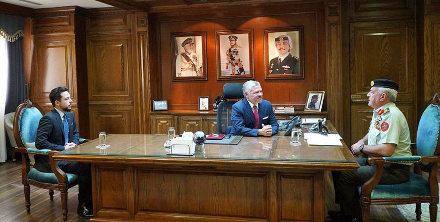 His Majesty King Abdullah, the Supreme Commander of the Jordan Armed Forces-Arab Army, accompanied by HRH Crown Prince Hussein, meets Chairman of the Joint Chiefs of Staff Maj. Gen. Yousef Huneiti on Sunday (Photo courtesy of Royal Court)