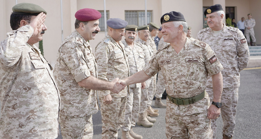 His Majesty King Abdullah, the Supreme Commander of the Jordan Armed Forces-Arab Army, visits the General Command of the JAF on Monday (Photo courtesy of Royal Court)