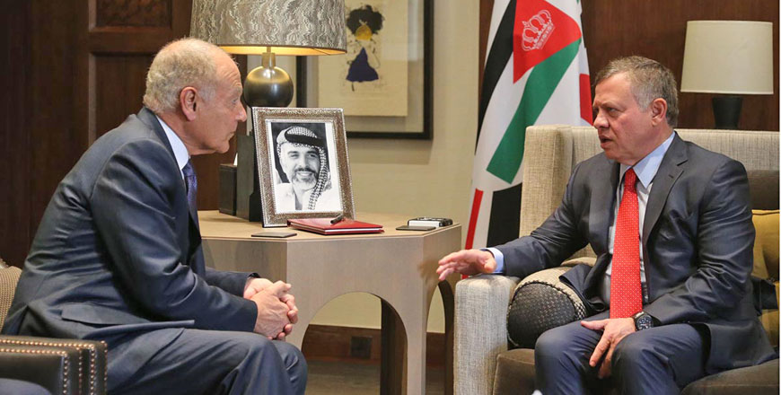  His Majesty King Abdullah meets with Arab League Secretary General Ahmed Aboul Gheit in Amman on Sunday  (Photo courtesy of Royal Court)