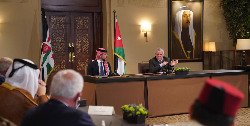 His Majesty King Abdullah, accompanied by HRH Crown Prince Hussein, speaks during a meeting with members of the Arab ministerial committee tasked with galvanising international action to counter illegal Israeli measures in Jerusalem at Al Husseiniya Palace on Thursday (Photo courtesy of Royal Court)