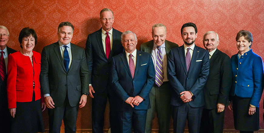 On Capitol Hill, His Majesty King Abdullah, accompanied by HRH Crown Prince Hussein, meets with the House of Representatives’ Foreign Affairs Committees, and with Senate Majority Leader Senator John Thune, Senate Minority Leader Chuck Schumer, and a bipartisan group of Senators (Photo courtesy of Royal Court)