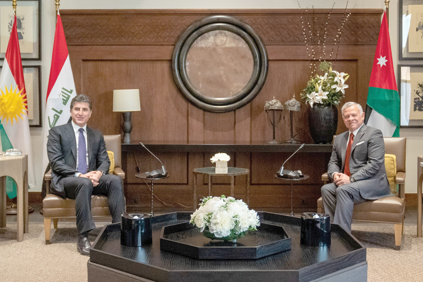 His Majesty King Abdullah receives President of the Kurdistan Region in Iraq Nechirvan Barzani at Al Husseiniya Palace on Wednesday (Photo courtesy of Royal Court)