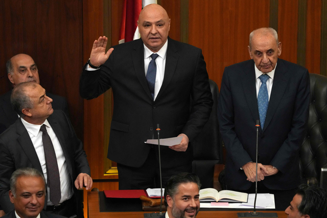 This handout photo released by the Lebanese parliament shows Newly elected Lebanese president Joseph Aoun (L) standing next to the parliament speaker Nabih Berri as he delivers a speech during a parliamentary session to elect a president, in Beirut, on January 9, 2025 (AFP photo)