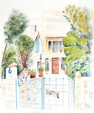  Mohammad Abdel Rahim Jardaneh and the Jardaneh house at Amman’s First Circle area. Painting by Peter Lawrence reprinted from his book ‘Impressions of Amman’ (Photo courtesy of peterartist.com)