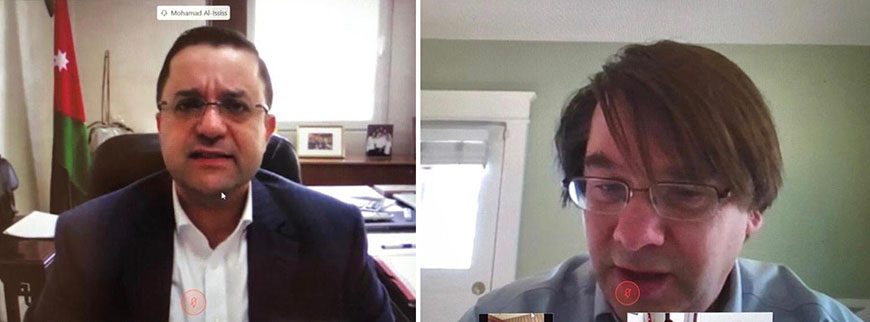 The International Monetary Fund's Chief of Mission to Jordan Chris Jarvis  and Minister of Finance Mohamad Al-Ississ speak during a joint virtual interview with The Jordan Times on Thursday (JT photos)