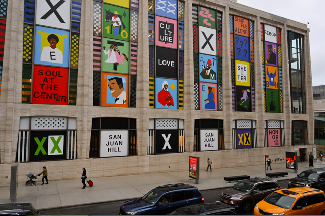 A new installation by Nina Chanel Abney entitled ‘San Juan Heal,’ on the facade of Manhattan’s Lincoln Centre on 65th Street  (AFP photo by Angela Weiss)