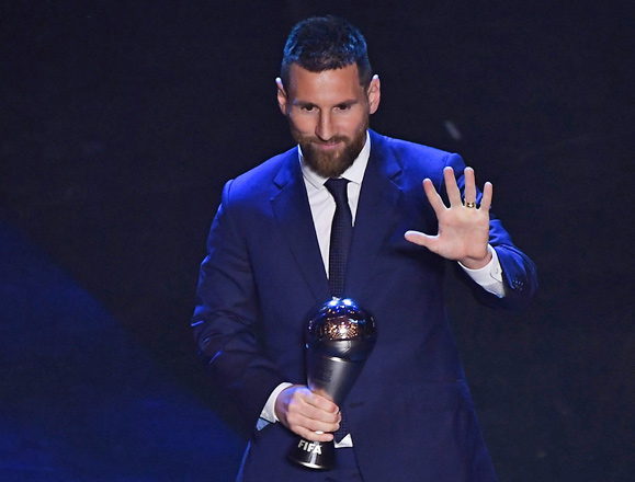 Lionel Messi reacts after winning the trophy for the Best FIFA Men’s Player of 2019 Award, during the Best FIFA Football Awards ceremony on Monday in Milan (AFP photo by Marco Bertorello)