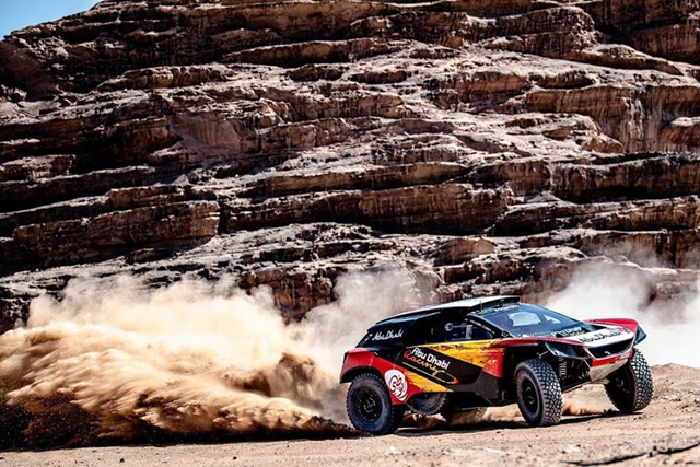 Khalid Al Qassimi tests his Peugeot on Tuesday in Wadi Rum preparing for the Jordan Baja  (Photo courtesy of according to the Jordan Baja Media Service)