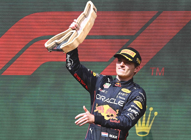 Red Bull Racing’s Dutch driver Max Verstappen celebrates his victory at the Belgian Formula One Grand Prix at Spa on Sunday  (AFP photo by John Thys)