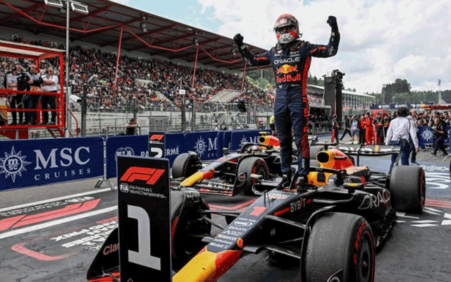 Red Bull’s Max Verstappen celebrates in the parc ferme after winning the Formula One Belgian Grand Prix in Spa on Sunday  (AFP photo)