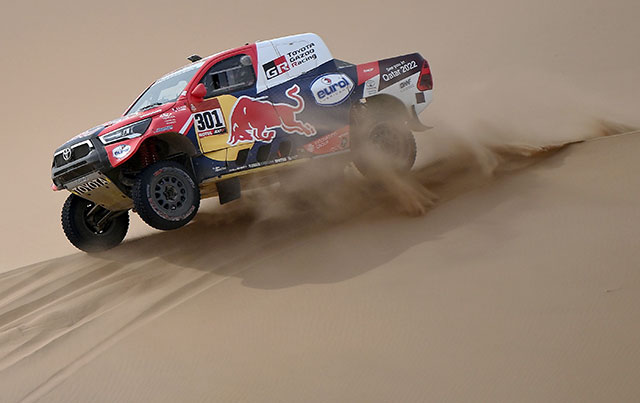 Toyota's driver Nasser Al Attiyah of Qatar and his co-driver Mathieu Baumel of France compete during the Stage 11 of the 2020 Dakar between Alula and Yanbu, Saudi Arabia, on Thursday (AFP photo by Franck Fife)