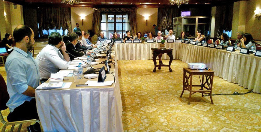 International experts of the ‘Energy & Water Working Group of the Moving Energy Initiative’ discuss ways to upscale sustainable energy investments in community buildings in Amman on Thursday (Photo courtesy of WANA)