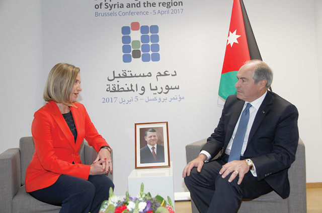 Prime Minister Hani Mulki holds talks with EU foreign policy chief Federica Mogherini in Brussels on Wednesday (Petra photo)