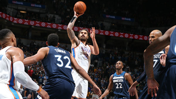 Oklahoma City Thunder’s Steven Adams shoots the ball against the Minnesota Timberwolves in Oklahoma City on Friday (Photo courtesy of nba.com)