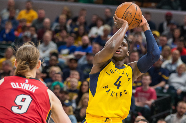 Indiana Pacers guard Victor Oladipo (4) shoots against Miami Heat in the second half in Indianapolis on Sunday (Reuters photo by Trevor Ruszkowski)