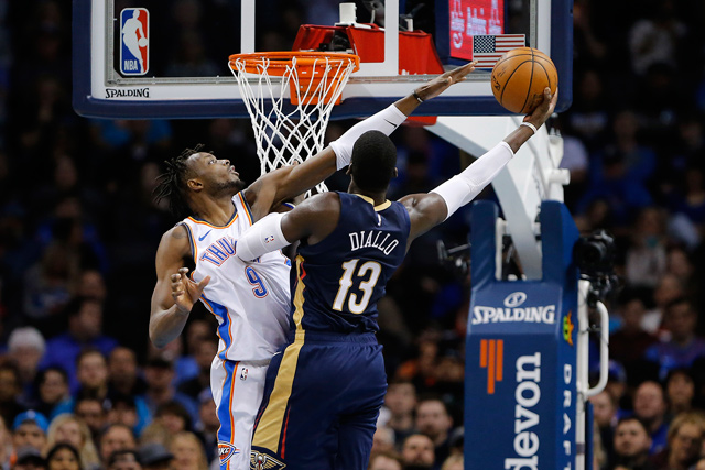 Oklahoma City Thunder forward Jerami Grant blocks a shot by New Orleans Pelicans forward Cheick Diallo during their NBA game in Oklahoma City, Oklahoma, on Sunday  (Reuters photo by Alonzo Adams)
