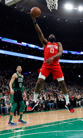 Houston Rockets guard James Harden drives uncontested to the basket against the Boston Celtics during their NBA game in Boston, Massachusetts, on Sunday  (Reuters photo by Winslow Townson)