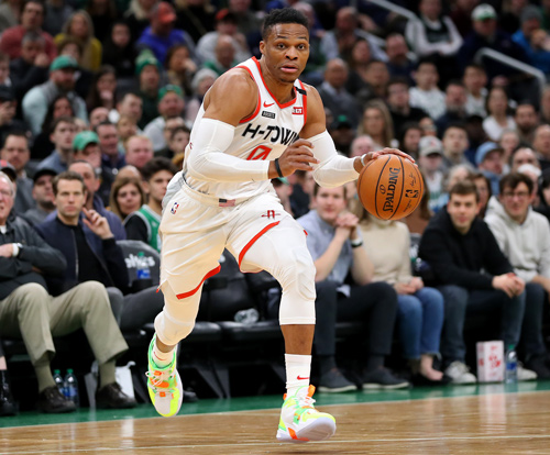 Russell Westbrook of the Houston Rockets dribbles against the Boston Celtics during their NBA game in Boston, Massachusetts, on Saturday  (AFP photo by Maddie Meyer)