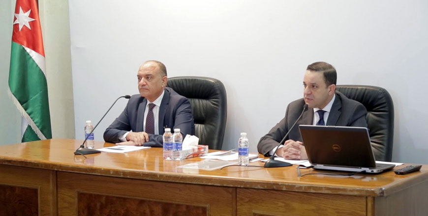 Minister of Finance Mohamad Al-Ississ and Minister of State for Media Affairs Amjad Adaileh speak to media personnel during a press conference on 2020 draft state budget on Thursday (Photo by Khaled Oudat)