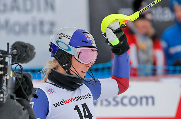 US’ Lindsey Vonn reacts at the finish line of the Women’s Alpine Combined Slalom World Cup in  Switzerland on Friday (Reuters photo)  