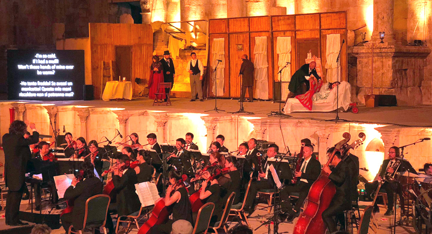Zeina Barhoum and Bassem Al Khoury lead the cast of Giacomo Puccini’s ‘La Boheme’ at the Roman Amphitheatre on Thursday  (Photo by Camille Dupire)
