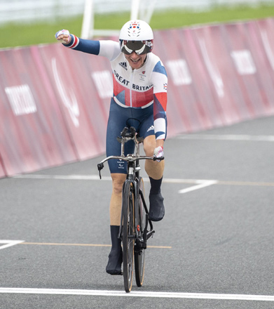 Britain’s Sarah Storey crosses the finish line in the women’s cycling road individual C5 time trial during the Tokyo 2020 Paralympic Games in Oyama, Japan, on Tuesday (AFP photo by Charly Triballeau)