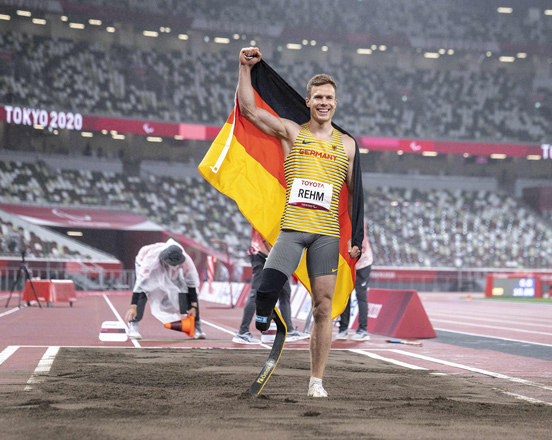 Germany’s Markus Rehm celebrates his victory in the men’s long jump T64 final during the Tokyo 2020 Paralympic Games in Tokyo on Wednesday (AFP photo by Charly Triballeau)