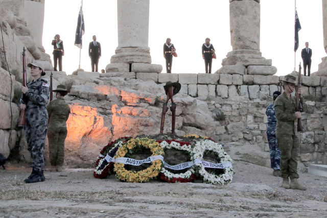 The Australian embassy hosts a dawn service at the Amman Citadel to commemorate ANZAC Day on Tuesday (Photo by Osama Aqarbeh)