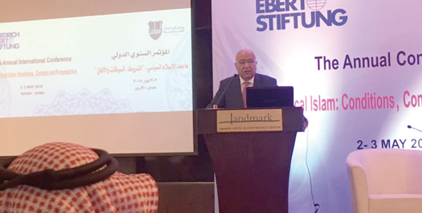 Minister of Political and Parliamentary Affairs Musa Maaytah speaks at the event on Thursday  (Photo by Rula Samain)