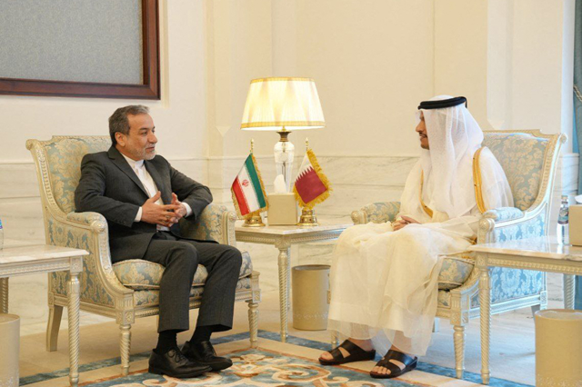 This handout picture provided by the Iranian foreign ministry on October 10, 2024, shows Qatar's Prime Minister and Minister of Foreign Affairs Sheikh Mohammed bin Abdulrahman bin Jassim Al-Thani (R) meeting with Iran's Foreign Minister Abbas Araghchi in Doha on October 10, 2024 (AFP photo)