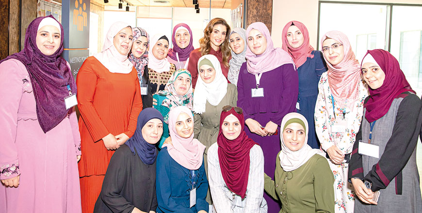 Her Majesty Queen Rania visits the Queen Rania Teacher Academy at the University of Jordan on Wednesday, where she meets with the academy’s staff and a group of student teachers (Photo courtesy of Royal Court)
