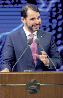 In this file photo taken on September 07Turkish Minister of Finance and Treasury Berat Albayrak speaks during an introductory ceremony for Turkey Insurance at Bestepe People’s Convention and Culture Centre in Ankara (AFP photo)