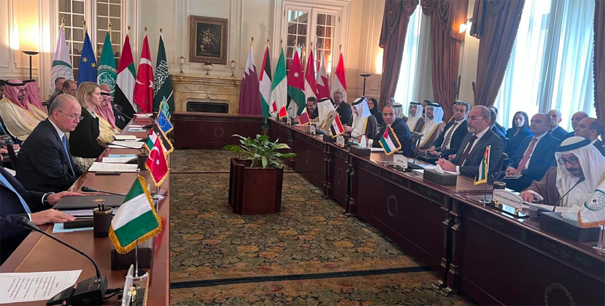 Deputy Prime Minister and Foreign Minister Ayman Safadi on Sunday participates in a meeting of the Arab-Islamic Ministerial Committee on Gaza (Petra photo)