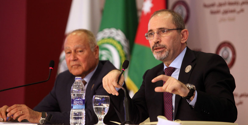Foreign Minister Ayman Safadi speaks to reporters at the conclusion of the Arab summit at the Dead Sea on Wednesday  (Petra photo)