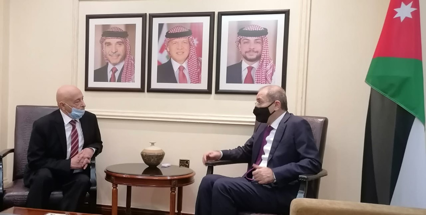   Foreign Minister Ayman Safadi meets with Speaker of the Libyan Parliament Aqila Saleh in Amman on Wednesday (Photo courtesy of the Foreign Ministry)