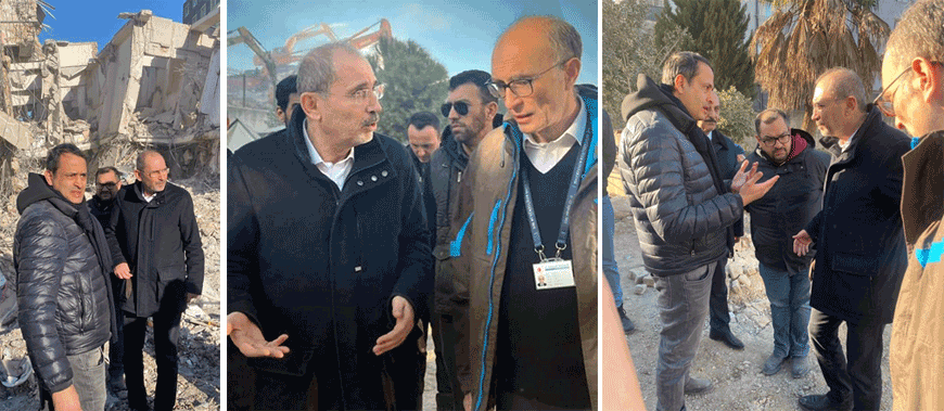 Deputy Prime Minister and Foreign Minister Ayman Safadi, in a visit to Ankara on Wednesday, inspected the two buildings where Jordanians who have been unable to be contacted since the earthquake had been living (Photos courtesy of Foreign Ministry)