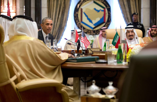 President Barack Obama, with Saudi Arabia’s King Salman (right), speaks after a Gulf Cooperation Council session at the Diriyah Palace during the Gulf Cooperation Council Summit in Riyadh, Saudi Arabia, Thursday (AP photo)