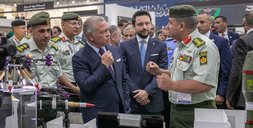 His Majesty King Abdullah , the Supreme Commander of the Jordan Armed Forces-Arab Army, inaugurates the Special Operations Exhibition at SOFEX 2024 in Aqaba, attended by HRH Crown Prince Hussein  (Photo courtesy of Royal Court)