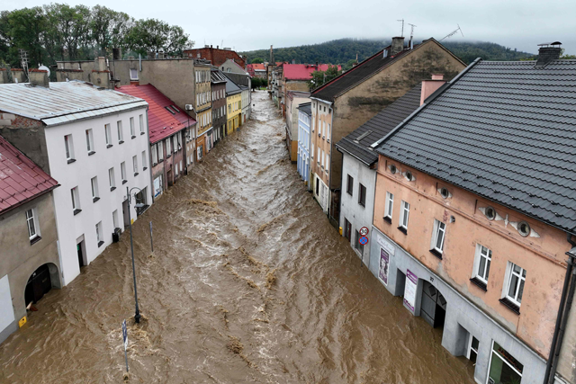 This aerial photograph taken on September 15, 2024 shows a view of the flooded streets in Glucholazy, southern Poland. One person has drowned in Poland and an Austrian fireman has died responding to floods, authorities said, as Storm Boris lashed central and eastern Europe with torrential rains (AFP photo)