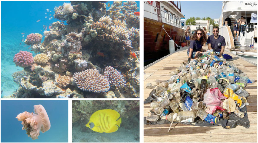 Jordan’s stretch of coastline along the Red Sea is home to around 157 distinct types of coral in an uninterrupted stretch. Right: Scuba divers Seif Al Madanat and Beisan Al Sharif, founders of ProjectSea, pose for a photo beside a pile of trash collected from the sea (Photos courtesy of Abdullah Almomany and ProjectSea)