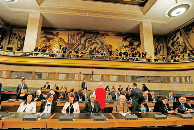 Members of the civil society delegation attend the first meeting of the new Syrian Constitutional Committee at the United Nations in Geneva on Wednesday (AFP photo)