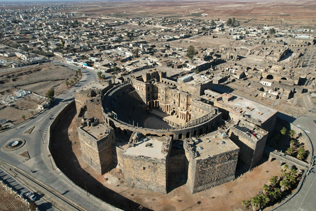 This aerial view shows the Roman Theatre at Bosra, a World Heritage Site, in Syria's Daraa province on January 8, 2025 (AFP photo)