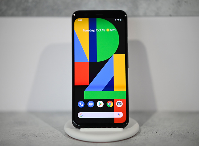 The new Google Pixel 4 phone is displayed during a Google product launch event called ‘Made by Google 19’ in New York City on Tuesday (AFP photo by Johannes Eisele)