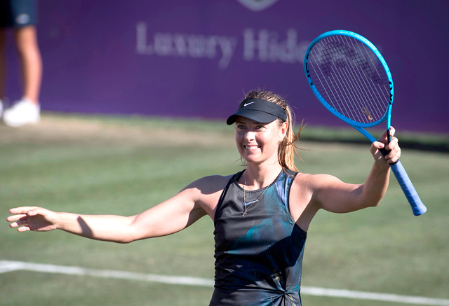 Russia’s Maria Sharapova celebrates after winning against Slovakia’s Viktoria Kuzmova during their match at the Mallorca Open tennis tournament in Santa Ponca, Spain, on Tuesday  (AFP photo by Jaime Reina)