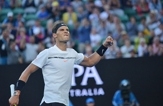 Spain’s Rafael Nadal celebrates winning his third round match against Germany’s Alexander Zverev at the 2017 Australian Open on Saturday in Melbourne, Australia  (Anadolu Agency photo)