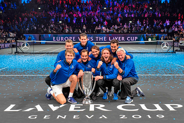 Team Europe’s composed of (from down left) captain Thomas Enqvist, Alexander Zverev, Roger Federer, Rafael Nadal, Stefanos Tsitsipas and captain Bjorn Borg (from up right) Fabio Fognini and Dominic Thiem celebrate after winning the 2019 Laver Cup tennis tournament in Geneva on Sunday (AFP photo by Romain Lafabregue)