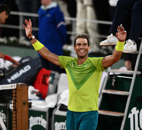 Spain’s Rafael Nadal reacts after winning against Serbia’s Novak Djokovic at the end of their men’s singles match at the Roland-Garros Open tournament in Paris early Wednesday (AFP photo by Christophe Archambault)
