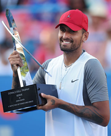 Nick Kyrgios of Australia celebrates after defeating Yoshihito Nishioka of Japan in their Men’s Singles Final match at the Washington Open in Washington, DC, on Sunday (AFP photo by Patrick Smith)