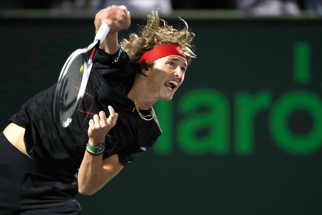 Alexander Zverev of Germany serves against Nick Kyrgios of Australia (not photographed) on day eight of the Miami Open Key Biscayne, Florida  (Reuters photo by Geoff Burke)