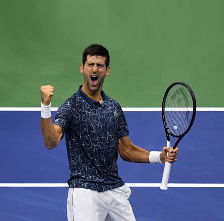Novak Djokovic of Serbia celebrates his semifinal win over Kei Nishikori of Japan on day twelve of the 2018 US Open tennis tournament in New York City on Friday (Reuters photo by Danielle Parhizkaran)